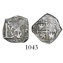 Bogota, Colombia, cob 1/2 real, Charles II, no assayer, dot below monogram, rare.