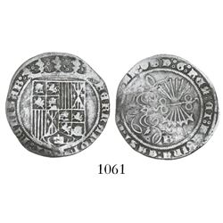 Burgos, Spain, 1 real, Ferdinand-Isabel, mintmark B on reverse, legend ending in scallop and Jerusal