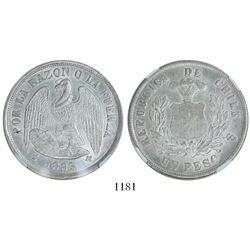 Santiago, Chile, 1 peso, 1883, round-top 3 (original strike), encapsulated NGC MS 63.