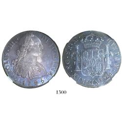 Guatemala, bust 8 reales, Charles IV, 1795/4M, rare overdate, encapsulated NGC AU 50.