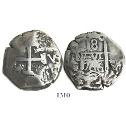 Guatemala, 8 reales, sun-over-mountains countermark (Type II, 1839) on a Potosi, Bolivia, cob 8 real