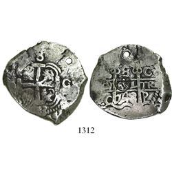 Guatemala, 8 reales, sun-over-mountains countermark (Type II, 1839) on a Potosi, Bolivia, cob 8 real