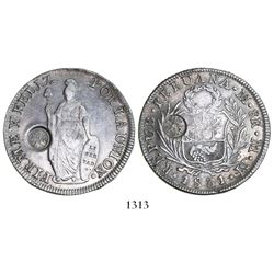 Guatemala, 8 reales, sun-over-mountains counterstamp (Type IV, 1841) on a Lima, Peru, 8 reales, 1831
