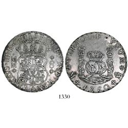Mexico City, Mexico, pillar 8 reales, Charles III, 1760MM, CAROLVS over FERDND, rare, with small cho