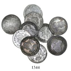 Lot of 10 Mexico City, Mexico, bust 1/2 reales, Charles III and IV, various dates: 1780FF (2), 1783F