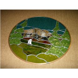 ROUND "SAILBOAT AND MOUNTAIN SCENE" STAINED GLASS