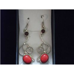RED CORAL AND GARNET AND ROSE QUARTZ SILVER EARRINGS (L792-8)