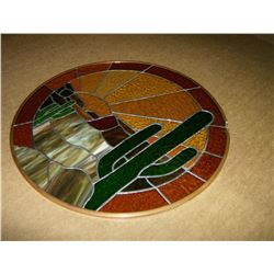 ROUND "CACTUS AND SUNRISE SCENE" STAINED GLASS