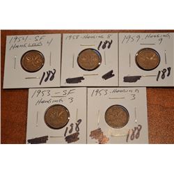 (5) Canada Cent: 1953(2),54,58,59 (Hanging)