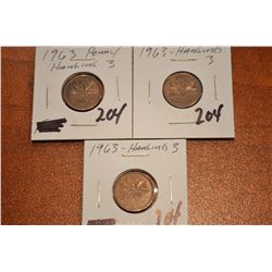 (3) 1963 Canada 1-Cent (Hanging 3's)