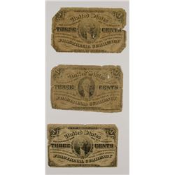 (3) 1863 THREE CENT FRACTIONAL CURRENCY PCS (some holes)