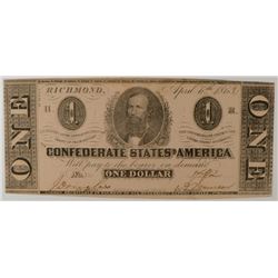 1863 $1 CONFEDERATE STATES OF AMERICA NOTE CH CU (pin hole)