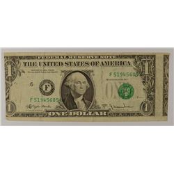 1977 $1 FEDERAL RESERVE NOTE (MAJOR MINT ERROR-MISALIGNED SERIAL #)