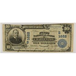 1902 $10 NATIONAL (CHARLESTON, SC) #1622 (THE TOP OF NOTE HAS BEEN CUT)