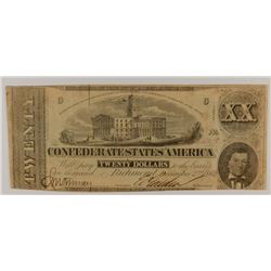 1862 $20 CONFEDERATE STATES OF AMERICA NOTE (PIN HOLES)