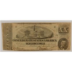 1862 $20 CONFEDERATE STATES OF AMERICA NOTE (PIN HOLES)