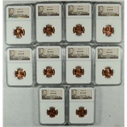 LOT OF ( 10 ) 1958-D LINCOLN CENTS, NGC MS-66 RED