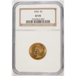 1854 $3.00 GOLD, NGC XF-45
