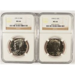 LOT OF ( 2 ) KENNEDY HALF DOLLARS: 1990-D & 1991-D BOTH NGC MS-66