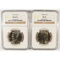 LOT OF ( 2 ) KENNEDY HALF DOLLARS: 1988 NGC MS-66 & 1994-D NGC MS-66 PL
