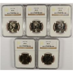LOT OF (5) KENNEDY HALF DOLLARS ALL NGC MS-66: (1)-1993, (2)-1997 & (2)-1998-D