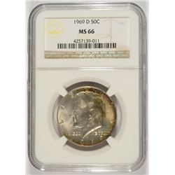 1969-D KENNEDY HALF DOLLAR, NGC MS-66  BEAUTIFUL OBVERSE TONING