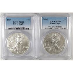 2006 AND 2007 AMERICAN SILVER EAGLES, PCGS MS-69!