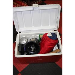 RED & WHITE COOLER W/ LED LIGHT, KNIFE SHARPENING