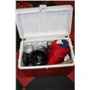 Image 1 : RED & WHITE COOLER W/ LED LIGHT, KNIFE SHARPENING