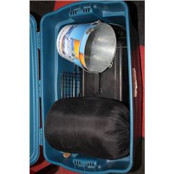 BLUE BIN FULL OF CAMPING ITEMS - BBQ, HATCHET,