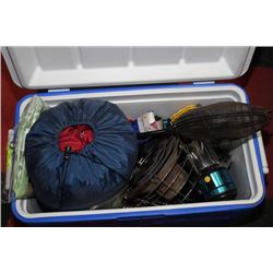 BLUE & WHITE COOLER W/ SLEEPING BAG, PROPANE