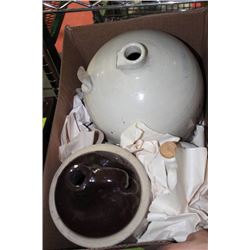 BOX OF VINTAGE LIQUOR JUGS AND CROCKS ON