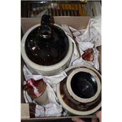 BOX OF VINTAGE LIQUOR JUGS AND CROCKS ON