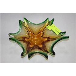GREEN AND AMBER ART GLASS DISH