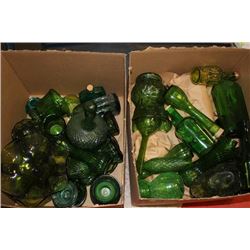 2 BOXES OF GREEN GLASS ORNAMENTS