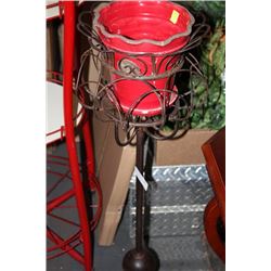 METAL PLANT STAND W/ RED CERAMIC POT 40" TALL