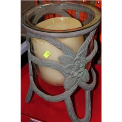 LARGE METAL AND GLASS CANDLE HOLDER W CANDLE