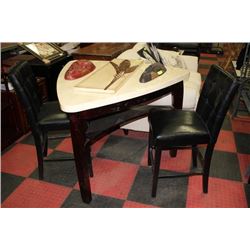 TRIANGULAR TABLE W 2 BLACK LEATHERETTE STOOLS
