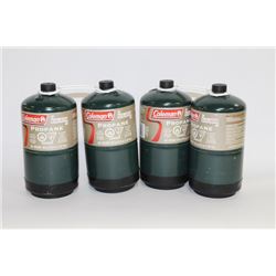 BOX W/ 4 NEW 1.02LB COLEMAN PROPANE BOTTLES - FULL
