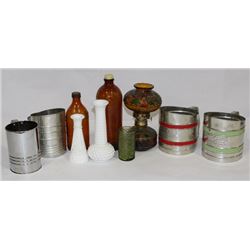 ESTATE BOX WITH MILK GLASS VASES AND FLOUR SIFTERS