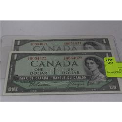 MINT CANADA 1954 DOLLAR BILLS IN SEQUENCE X2