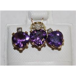 #77 10KT AMETHYST AND DIAMOND PENDANT AND EARRING