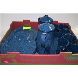 LOT OF NEW GRANITE WARE PLATES, CUPS ,  CUTLERY