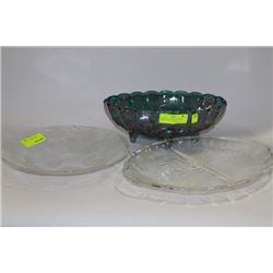 CARNIVAL GLASS FRUIT BOWL WITH 2 ROSE PLATTERS