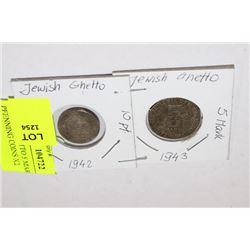 JEWISH GHETTO 5 MARK 1943 & 10 PFENNING COINS X2