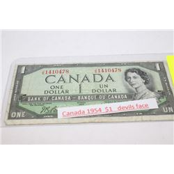 CANADA 1954 $1 NOTE DEVIL'S FACE