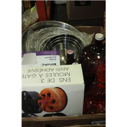 BOX WITH S/S BOWLS AND OLD BOTTLES ETC