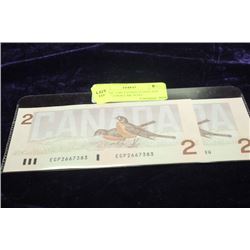 GEM UNC 1986 CONSECUTIVE S/N "ROBIN" 2 DOLLAR NOTE