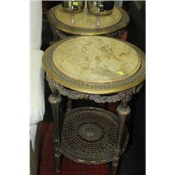 PAIR OF STONE TOP WOOD CARVED TABLES