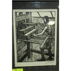 BLACK & WHITE PRINT OF MAN USING PRINTING PRESS